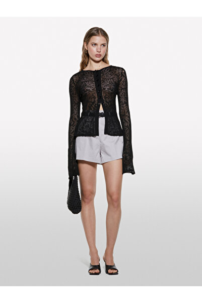 Sisley Kadın Gri Streç Pamuklu Cepli Yüksek Bel Slim Fit Şort