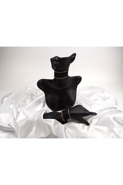 SYAZE Black Mesh Textured Wide Choker & Bracelet Set with Gold Detail - Light Structure - 4 cm