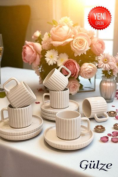 GÜLZE HOME 6-Person (12 Pieces) Saturn Model Luxury Coffee Cup Set (Special Design, Real Porcelain)