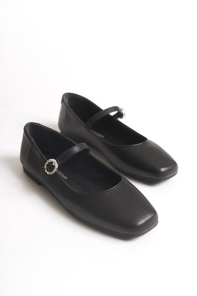 Ayakkabı Delisiyim Karen Black Leather Stone Buckle Square Toe Comfortable Sole Women's Ballerina Shoes