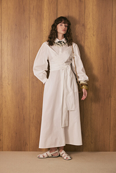 EMNORA Belden Bağlamalı Poplin Elbise Beyaz