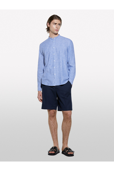 Sisley Cămașă pentru bărbați, albastru închis, amestec de in, cu croială normală, cu guler Hakim