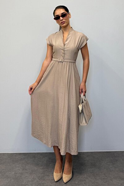 Madmext Bej Kısa Kollu Midi Boy Kadın Elbise Mg2497