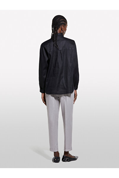 Sisley Γυναικείο μαύρο πουκάμισο 100% λινό με κουμπιά και μακρυμάνικο πουκάμισο με τσέπη στο στήθος