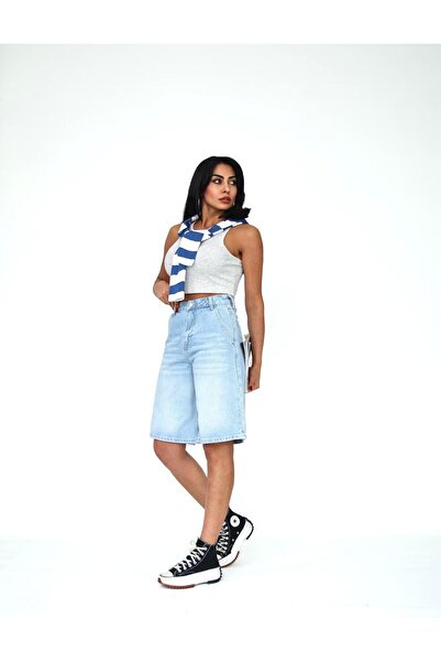 XBELLA DENİM Kadın Yüksek Bel Ice Wash Bermuda Şort