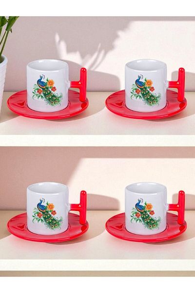 lili hediyelik Floral Peacock Printed Set of 4 Turkish Coffee Cups