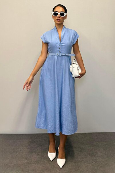 Madmext Bebe Mavisi Kısa Kollu Midi Boy Kadın Elbise Mg2497