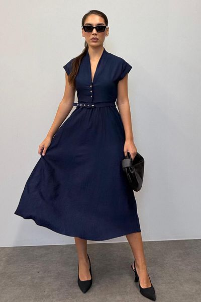 Madmext Γυναικείο φόρεμα Navy Blue κοντομάνικο Midi μήκους Mg2497