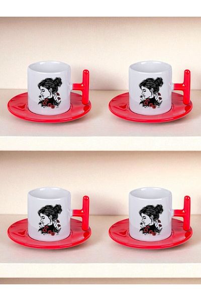 lili hediyelik Floral Women's Printed Set of 4 Turkish Coffee Cups