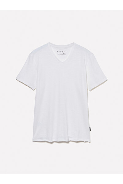 Sisley Ανδρικό λευκό μπλουζάκι από 100% βαμβάκι με λαιμόκοψη σε σχήμα V Slim Fit Slub