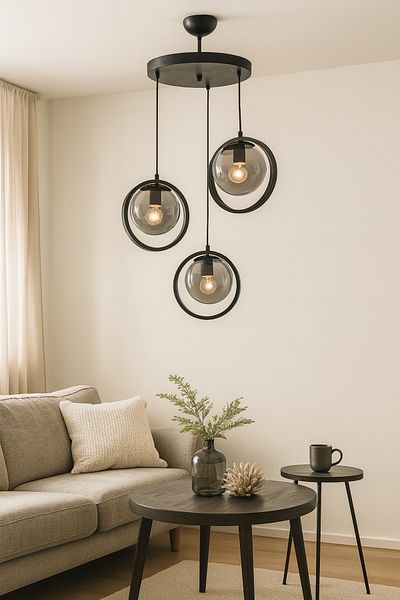 Modavize Nina Modern Living Room - Closed Glass Triple Chandelier with Metal Ring - Kitchen and Bedroom