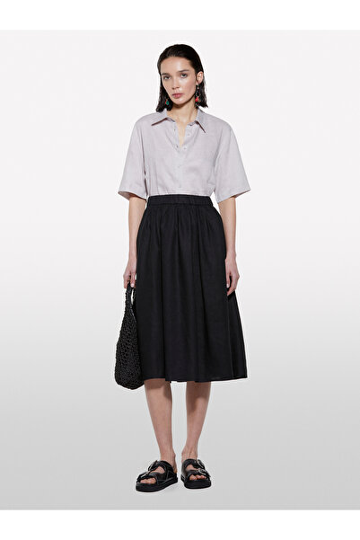 Sisley Women's Black 100% Linen Elastic Waist Pleated Slightly Flared Knee Length Skirt