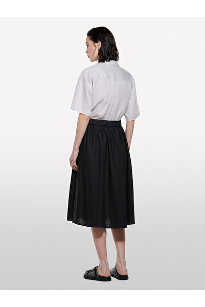 Sisley Women's Black 100% Linen Elastic Waist Pleated Slightly Flared Knee Length Skirt