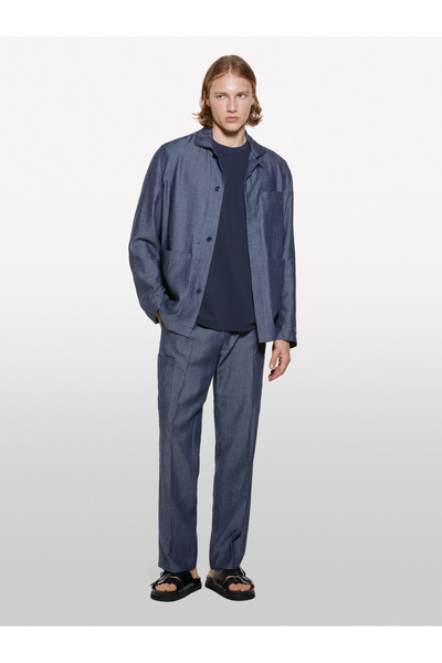 Sisley Ανδρικό παντελόνι Jogger με κορδόνια από λινό μείγμα Indigo με τσέπες