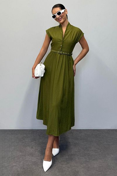 Madmext Γυναικείο φόρεμα Oil Green κοντομάνικο Midi μήκους Mg2497