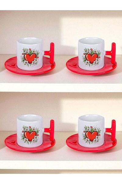 lili hediyelik Heart and Flower Printed Set of 4 Turkish Coffee Cups
