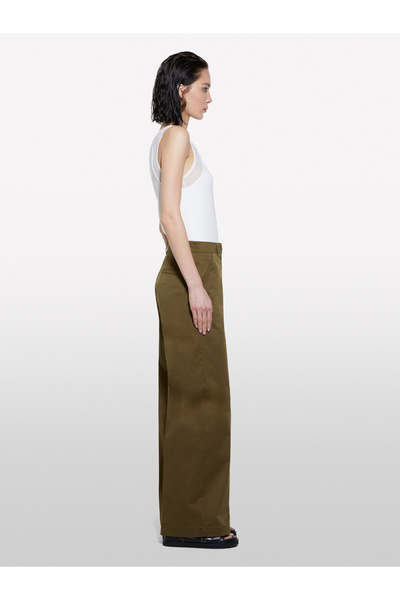 Sisley Women's Dark Khaki Stretch Cotton Regular Waist Wide Leg Pants