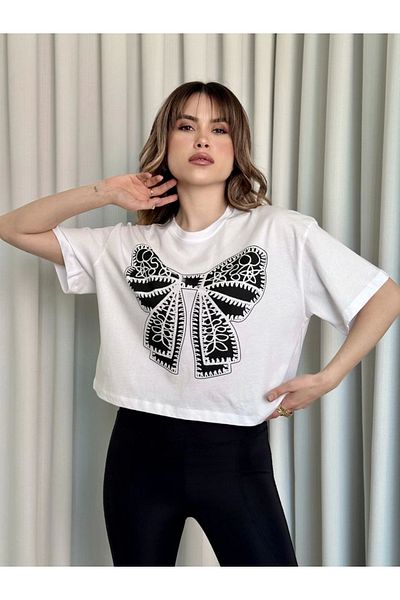 Skygo Oversize White Printed Crop T-Shirt