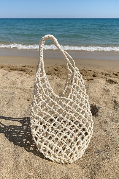 Lowcaye Handmade Bohemian Style Beach Mesh Bag – Natural Color Knitted Bag