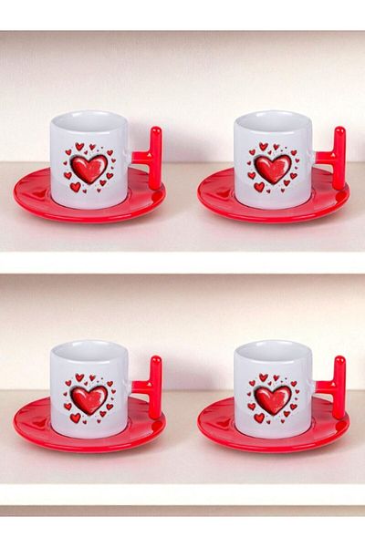 lili hediyelik Heart and Hearts Printed Set of 4 Turkish Coffee Cup Cups