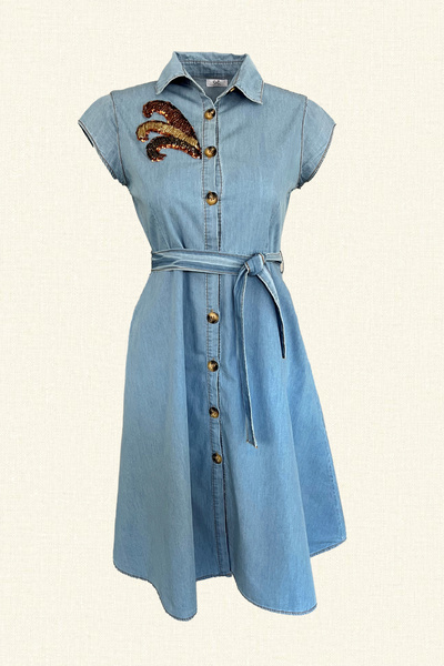 GZ Design Bakır ve Gold İşlemeli Midi Boy Açık Renk  Jean Elbise