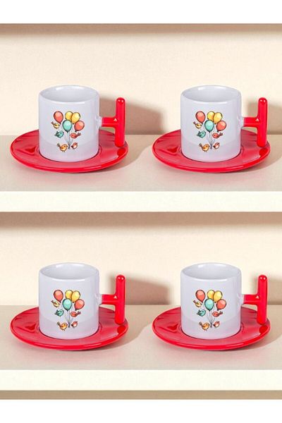 lili hediyelik Set of 4 Turkish Coffee Cups with Balloon and Bird Print