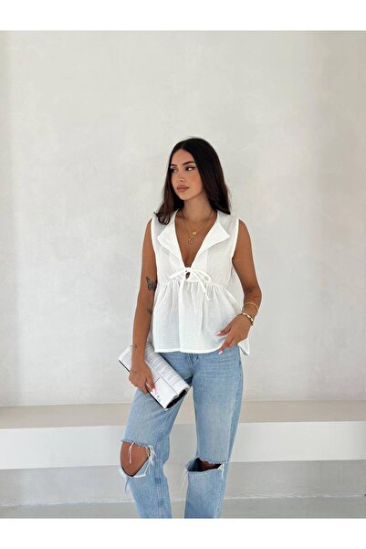 LE CARAMBOLE Γυναικεία λινή μπλούζα με λευκή λαιμόκοψη V με κορδόνια μπροστά