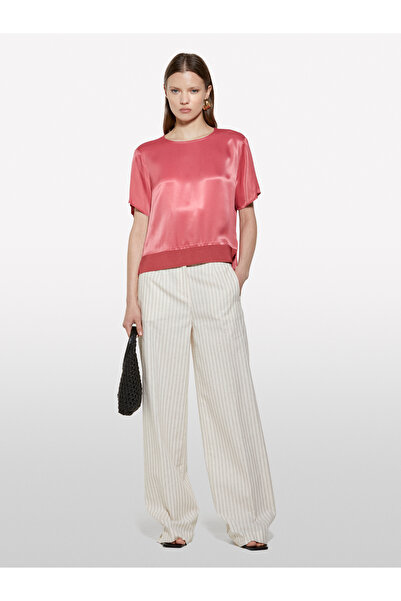 Sisley Women's Dark Pink 100% Viscose Side Slit Oversize Crew Neck Satin Blouse