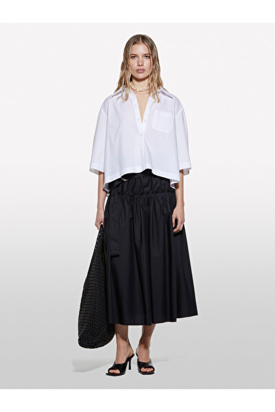 Sisley Cămașă albă pentru femei, 100% bumbac, cu detaliu plisat, oversize, cu jumătate de mânecă