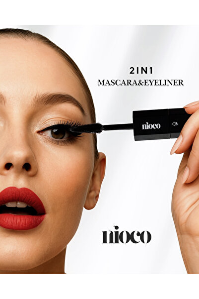 NİOCO 2in1 Çift Taraflı Maskara Eyeliner Hacim Veren Kıvırıcı Etkili Rimel Keçe Uçlu Eyeliner-Siyah