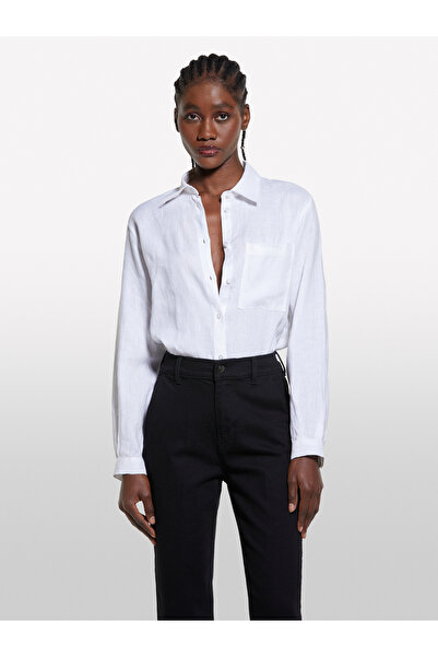 Sisley Women's White 100% Linen Buttoned Long Sleeve Shirt with Chest Pocket