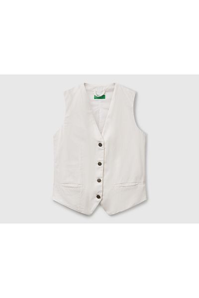 United Colors of Benetton Women's White Lyocell Blended V-Neck Vest