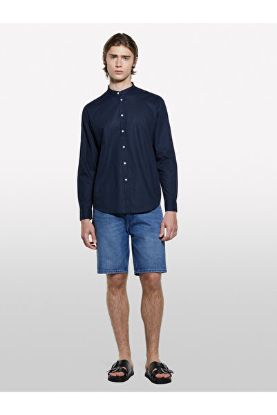 Sisley Men's Dark Navy Blue Linen Blend Regular Fit Judge Collar Shirt