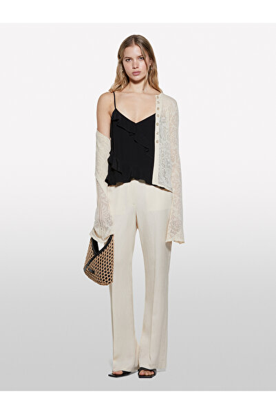 Sisley Women's Black 100% Viscose Ruffle Detailed V-Neck Strappy Top