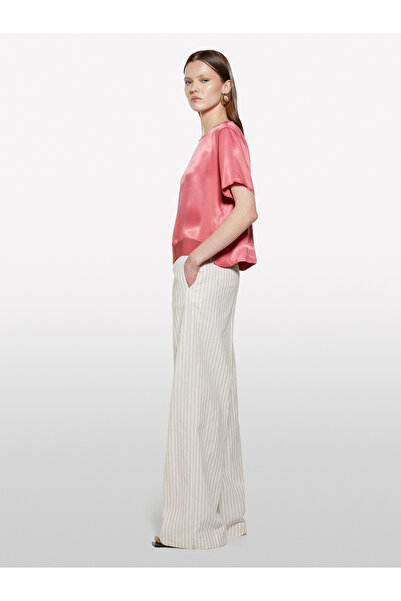 Sisley Women's Dark Pink 100% Viscose Side Slit Oversize Crew Neck Satin Blouse