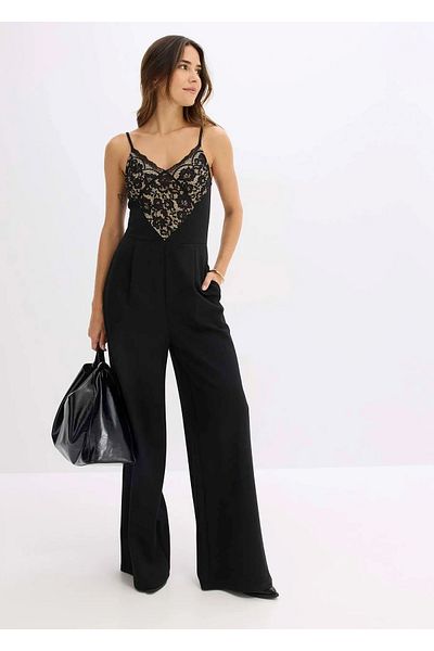 Şans Women's Plus Size Black, Stylish Jersey Jumpsuit with Lace Detail 65N38965