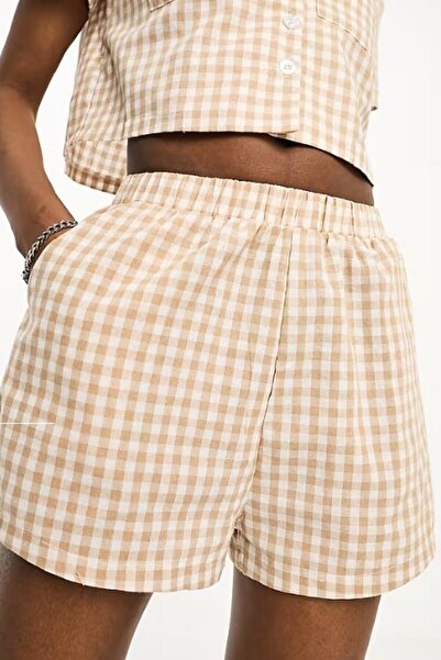 The Champ Clothing Kadın Rahat Kalıp Lastikli Bel Ekose Desenli Yazlık Şort