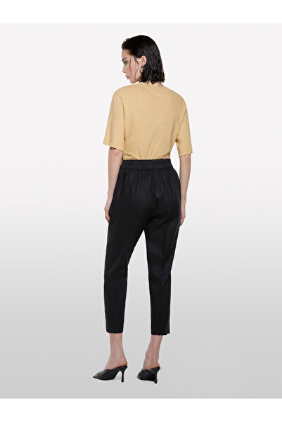 Sisley Women's Black 100% Linen Elastic Waist Front Pleated Trousers