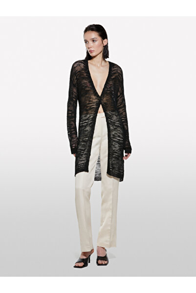 Sisley Women's Black Acrylic Blend Knitted V-Neck Regular Fit Long Cardigan