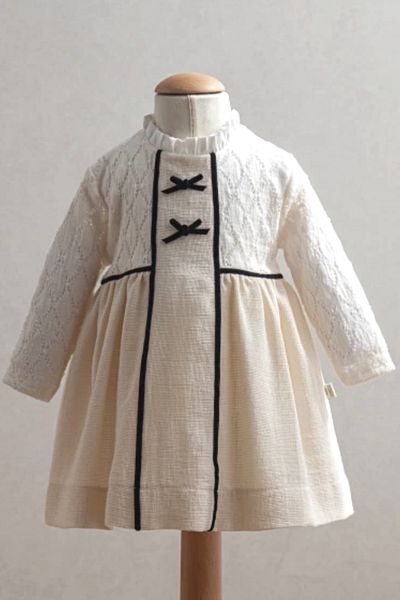 MixMax Bebe Baby Girl Ecru Lace Patterned Stylish Dress with Black Ribbon and Bow Detail 100% Cotton