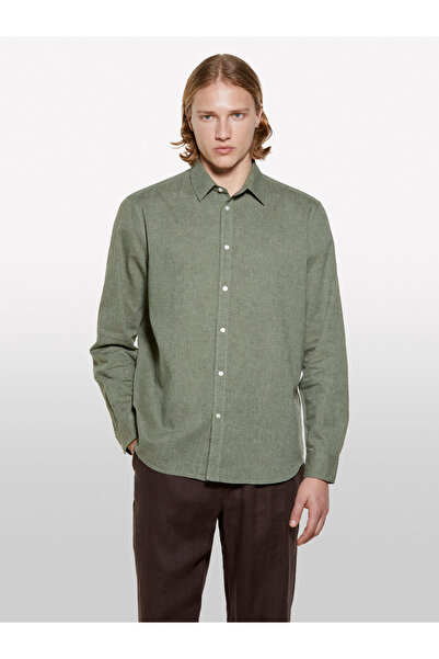 Sisley Men's Pale Green Linen Blend Striped Regular Fit Shirt