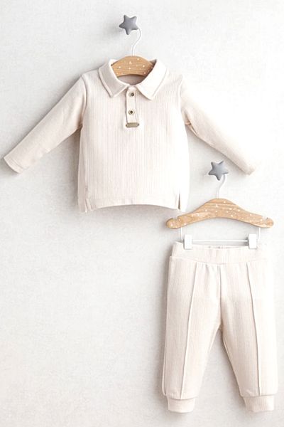 MixMax Bebe Baby Boy Little Bear Pleated Bottom Top Set Ecru Color 100% Cotton