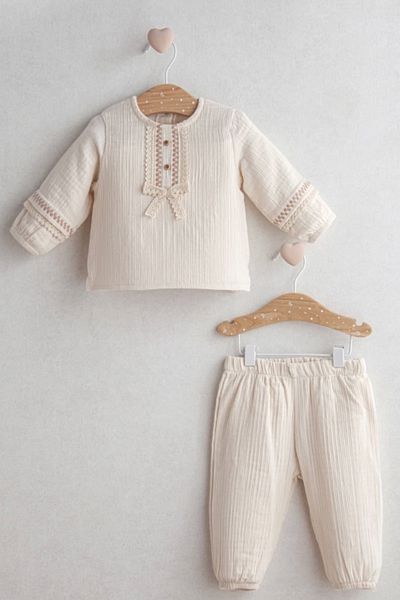 MixMax Bebe Baby Girl Ethnic Style Bottom Top Set Ecru Color 100% Cotton