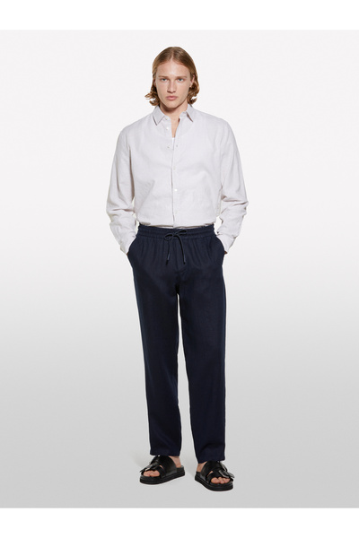 Sisley Ανδρικό πουκάμισο με ρίγες σε ανοιχτό καφέ λινό μείγμα κανονικής εφαρμογής