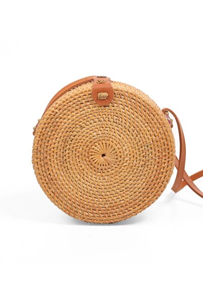 AVANTAGE HOME Daphne - Rattan El Yapımı Deri Askılı Hasır Omuz Çantası