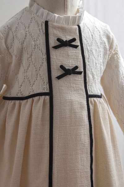 MixMax Bebe Baby Girl Ecru Lace Patterned Stylish Dress with Black Ribbon and Bow Detail 100% Cotton