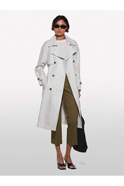 Sisley Kadın Krem Keten Karışımlı Kemerli Kruvaze Midi Trençkot