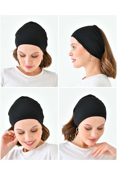 mirach Pack of 4 Black Hair Band Set Bandana Bonnet Cotton Wide Elastic Flexible Inner Cap Hijab Cap