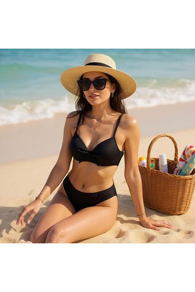TooHot Black Large Fit Push-up Bow Bikini Set - Upper and Lower Set