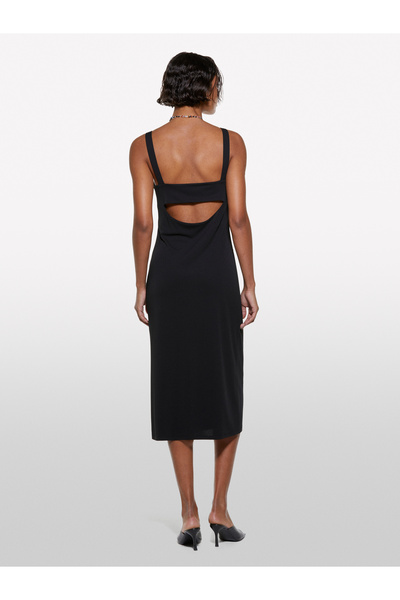 Sisley Women's Black Back Detailed Square Neck Strap Long Dress